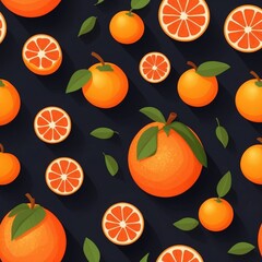 Seamless orange pattern with whole fruits, slices, and leaves on a dark background