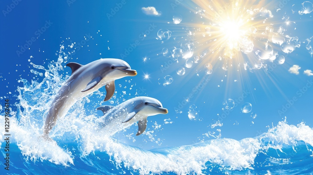 Leinwandbilder dynamic line connection of playful dolphins in a coastal habitat, leaping through gentle waves again