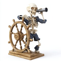 Obraz premium skeleton in a sailorâ???s uniform, holding a telescope and standing near a ship wheel, isolated on a white background