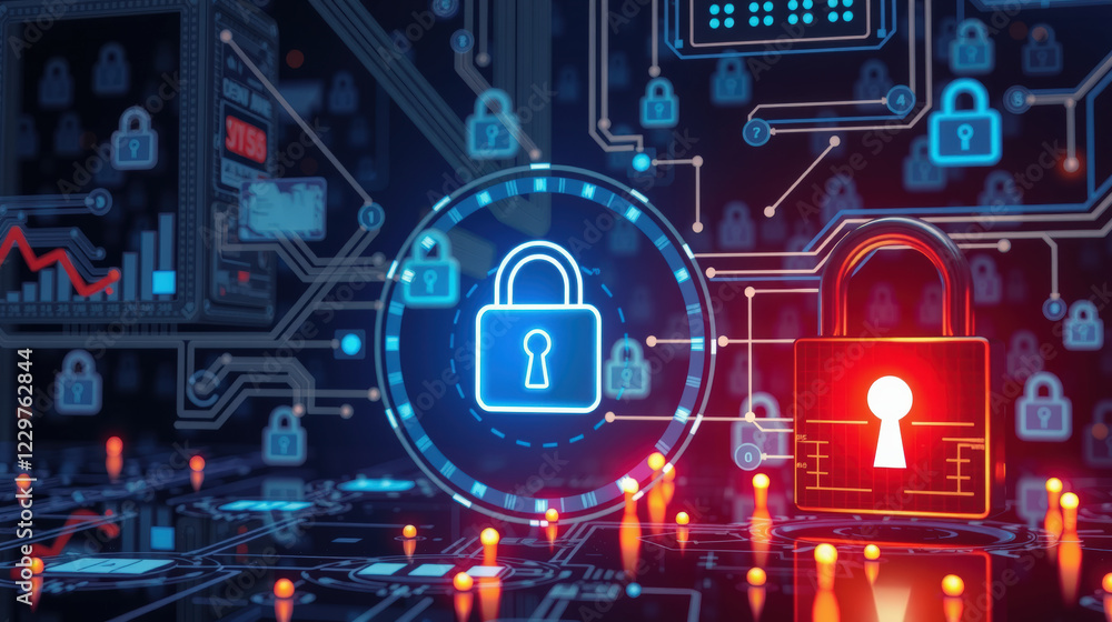 Poster secure online banking concept with digital locks and data protection
