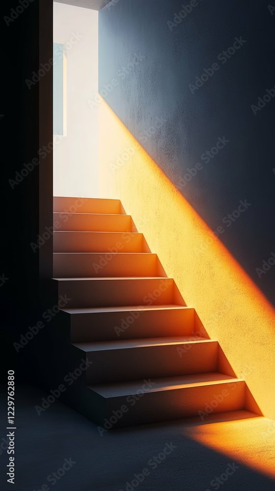 Poster sunlit staircase in minimalist architecture captures elegant light and shadow