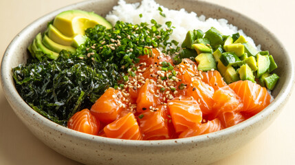 Delicious salmon poke bowl with fresh ingredients and vibrant colors