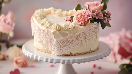 A romantic heart-shaped Valentine cake with edible lace, soft buttercream frosting, and floral accents, on a white cake stand