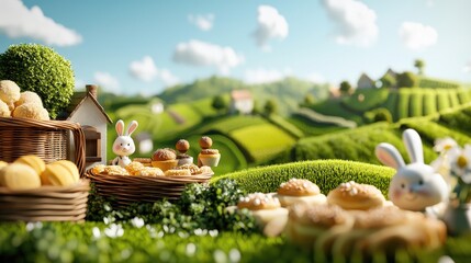Fototapeta premium Charming village landscape featuring animal-like humans sharing baking secrets with rabbits amidst fresh pastries and greenery