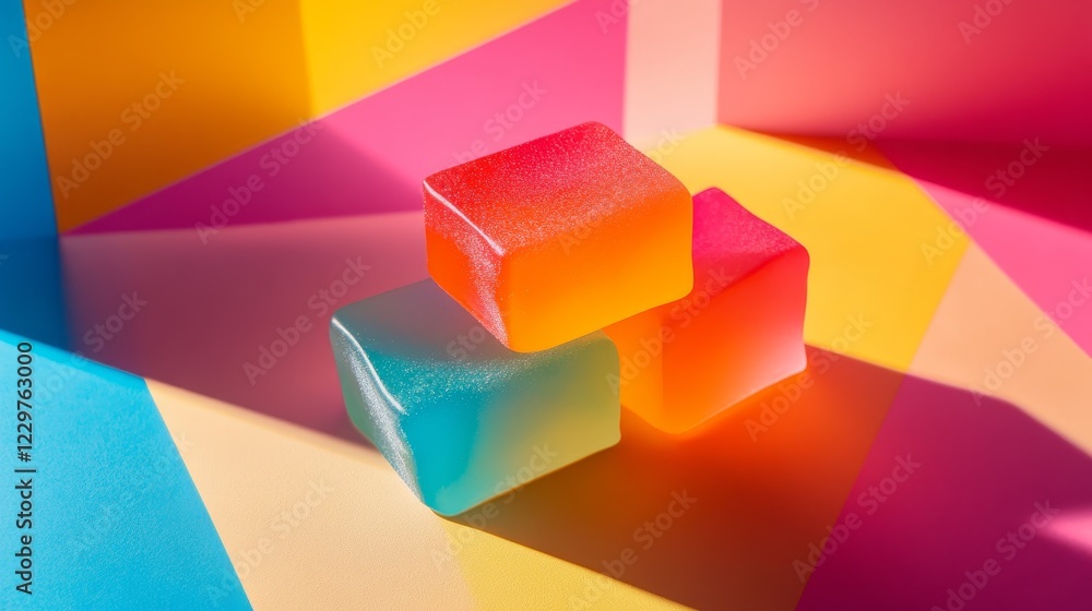 Poster three colorful gel blocks rest on a vibrant geometric background, casting dynamic shadows and reflec