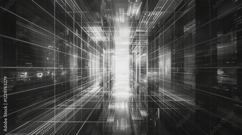 Poster abstract 3d rendering of a monochrome futuristic corridor with intricate lines and structural depth,