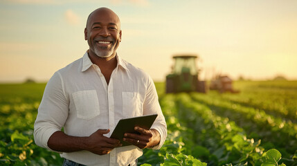 middle aged agronomist holding tablet in the field