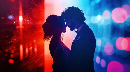 Surreal Couple in Parallel Realities with Neon Wedding Aesthetic