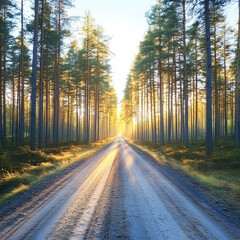 Fototapeta premium Sunlit forest road, summer morning