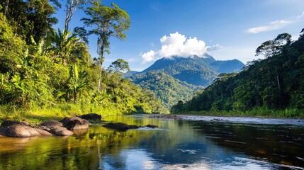 Fototapeta premium Serene landscape of a river teeming with wildlife, with sustainable conservation practices displayed, highlighting the beauty of nature photography