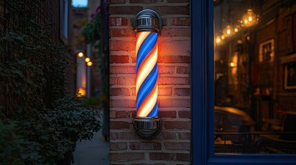 Illuminated barber pole on brick wall at night.