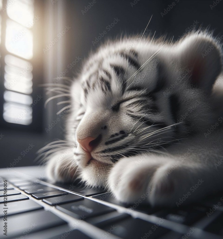 Poster a tranquil kitten sleeps on a computer keyboard bathed in soft light, ai generated