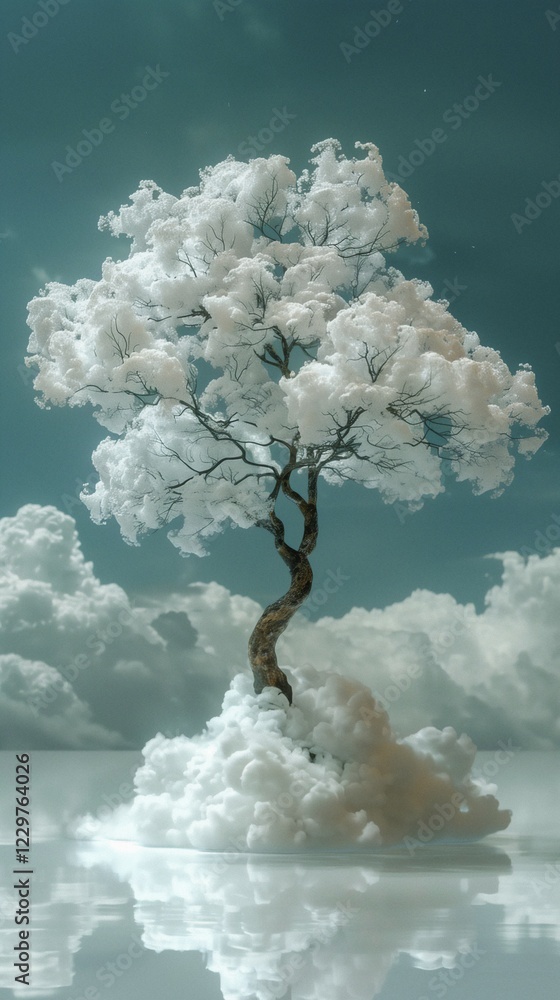 Poster surreal image of a solitary tree floating above clouds against a serene backdrop, ai generated