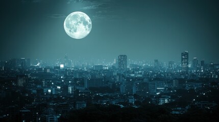 Cityscape Under a Full Moon: A Serene Night in the Metropolis