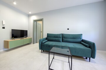 Salon w nowoczesnym apartamencie z seledynowym aneksem kuchennym z ciemnozieloną sofą © arteffect.pl