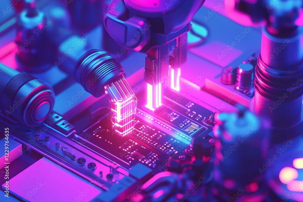 Poster robotic arm assembling a circuit board in a neon-lit lab, showcasing advanced technology and innovat