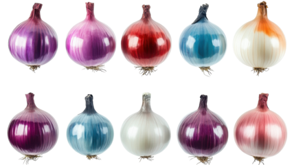 Colorful display of various onions arranged in a grid on a white background showcasing their vibrant textures and hues