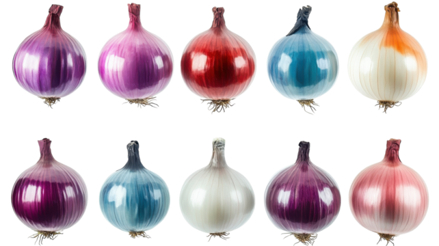 Colorful display of various onions arranged in a grid on a white background showcasing their vibrant textures and hues