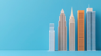 Modern skyscraper models in various colors against blue background, showcasing architectural design and urban development