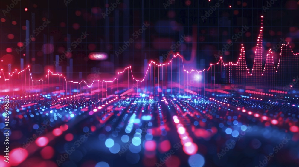 Poster a digital illustration with glowing red and blue data charts and network structures, creating a high