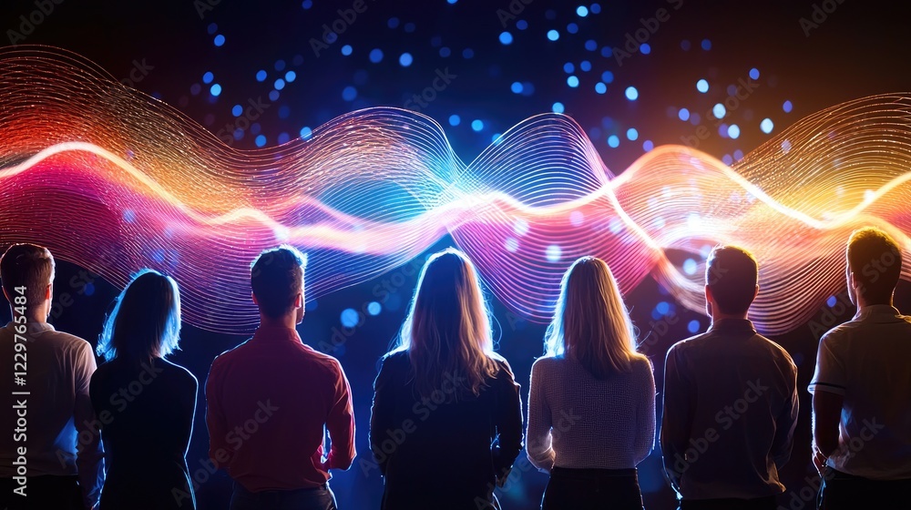 Poster audience entranced by live music performance, visible line connection of energy and sound waves, neu