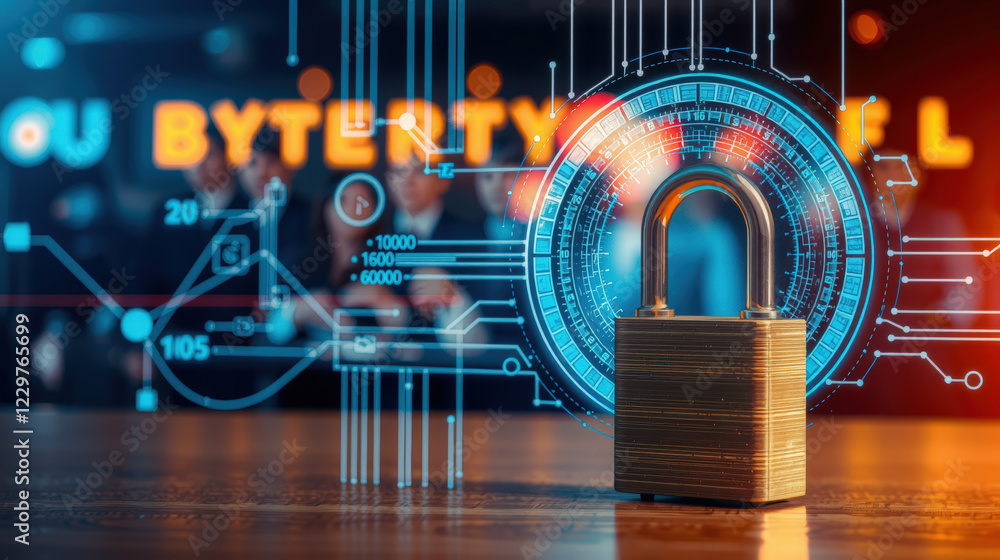 Poster digital lock symbolizing online banking security with futuristic background. image conveys sense of 