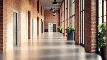 A spacious hallway with exposed brick walls, wooden beams, and greenery.