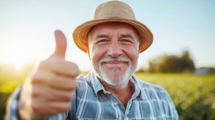 Fototapeta premium happy senior farmer showing thumbs up at farm