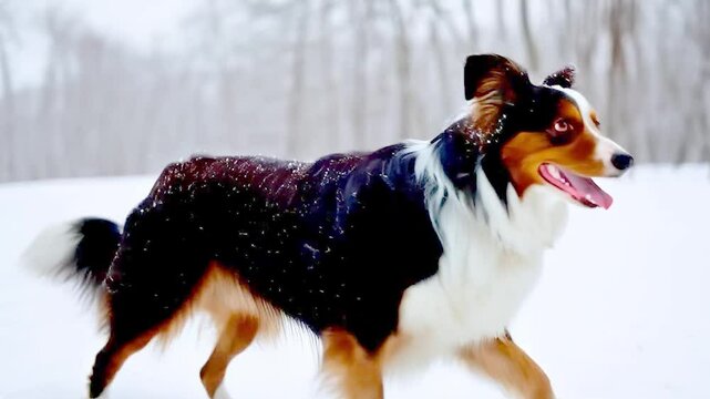 Young border collie eating snow during his walk at sunset. 4k Video. generated with AI