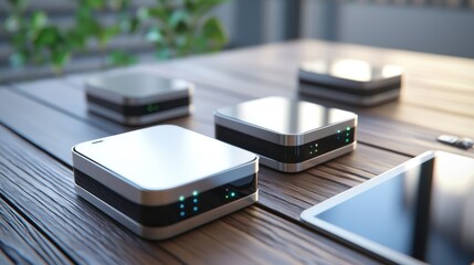 Line connection technology visualized through sleek innovative gadgets on a neutral backdrop