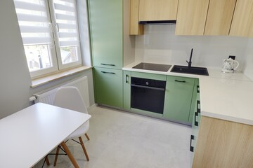 Kuchnia w nowoczesnym apartamencie w kolorze seledynowym i jasno brązowym