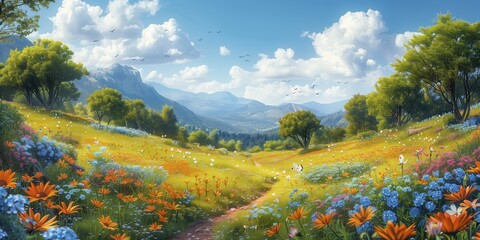 Illustration of a beautiful landscape with a meadow of flowers, blue sky and imposing clouds. Depicted in the style of an oil painting. AI generated, AI generated, AI generated