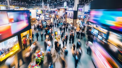 Obraz premium Vibrant Trade Show Atmosphere with Digital Tech Exhibits and Engaged Crowds in Motion Blur