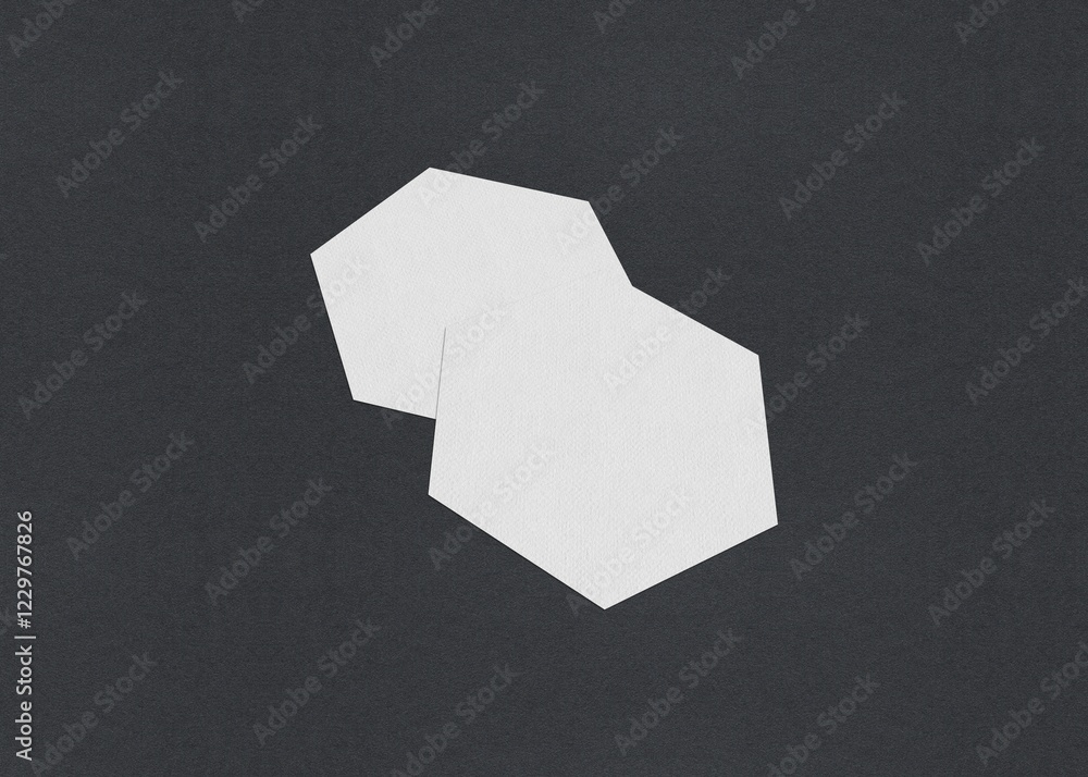 Poster two pentagonal white sheets on a dark background arranged in an overlapping manner, blank white busi