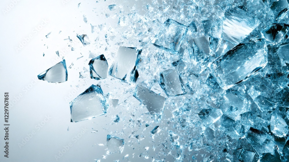Poster scattered pieces of shattered blue glass a light abstract background forming a sharp fragmented desi