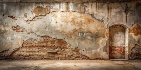 A weathered wall with exposed brickwork and a crumbling plaster facade, featuring an arched alcove, ideal for design projects requiring a distressed, aged aesthetic.