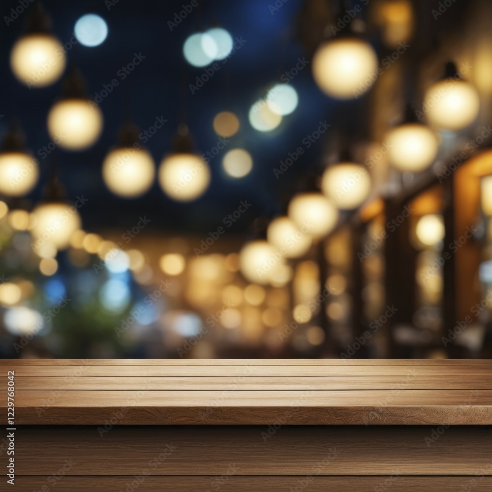 Poster empty wooden table with a blurred background of lamps and bokeh lights at night creating a warm atmo