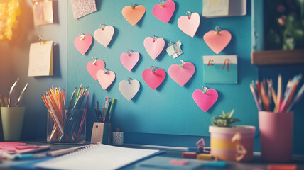 heart clipart designs pinned to a bulletin board,