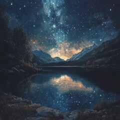 Starry Night Lake Scenery