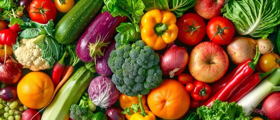 Bright still life with a variety of fruits and vegetables. Great for cookery blogs, healthy eating recipes and advertising of fresh products.