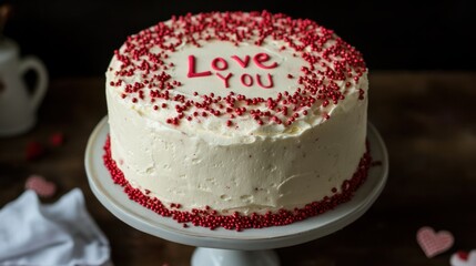 A traditional Valentine cake with whipped cream frosting, red sprinkles, and a fondant "I Love You" message, on a cake stand