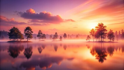 Serene Sunrise Over Misty Lake With Silhouetted Trees Reflecting In Calm Water