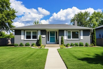 A beautiful house with a green lawn and lovely walkway