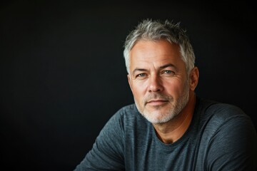 Portrait of a handsome middle-aged man with grey hair against black background