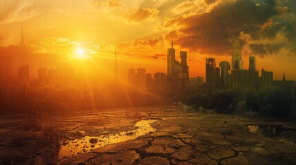 Background with sunset over an abandoned city, symbolising the effects of climate change and urbanisation. Useful for articles about the future of cities, environmental campaigns