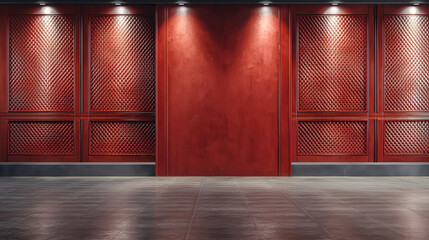 photorealistic red Chinese style wall with intricate patterns and lighting, creating warm and inviting atmosphere. polished floor complements elegant design