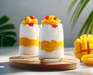 Two glasses of mango and coconut drink garnished with pineapple slice on a wooden table