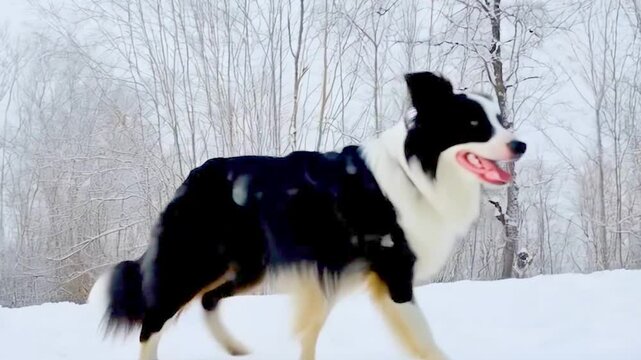 Young border collie eating snow during his walk at sunset. 4k Video. generated with AI