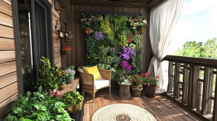 A stylish urban apartment balcony with a vertical garden wall.