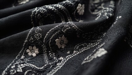 Close-up of black fabric with embroidered floral pattern.